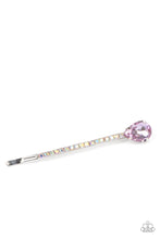 Load image into Gallery viewer, A purple teardrop gem adorns the corner of a bobby pin that is adorned in opalescent rhinestones for a glamorous finish.  Sold as one individual decorative bobby pin.
