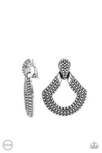 Load image into Gallery viewer, Dotted in rows of studded details, an oversized silver buckle-like frame adorns the ear for a rustic fashion. Earring attaches to a standard clip-on fitting.  Sold as one pair of clip-on earrings.
