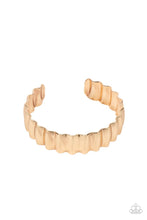 Load image into Gallery viewer, Polished in a high sheen finish, a crinkled gold cuff delicately curls around the wrist for an intense industrial look.  Sold as one individual bracelet.
