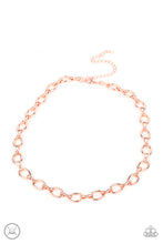 Load image into Gallery viewer, A collection of oversized shiny copper ovals and shiny copper fittings interlock around the neck, creating an intense industrial look. Features an adjustable clasp closure.  Sold as one individual choker necklace. Includes one pair of matching earrings.
