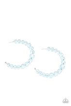 Load image into Gallery viewer, Gradually increasing in size at the center, a glassy collection of Cerulean beads are threaded along an oversized hoop for a bubbly effect. Earring attaches to a standard post fitting. Hoop measures approximately 2 1/2&quot; in diameter.  Sold as one pair of hoop earrings.
