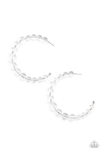 Load image into Gallery viewer, Gradually increasing in size at the center, a glassy collection of white beads are threaded along an oversized hoop for a bubbly effect. Earring attaches to a standard post fitting. Hoop measure approximately 2 1/2&quot; in diameter.  Sold as one pair of hoop earrings.
