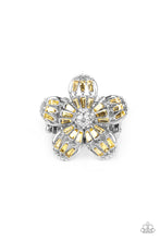 Load image into Gallery viewer, Yellow emerald-style rhinestones adorn the silver petals of a blooming flower featuring a white rhinestone encrusted beaded center. The tips of the colorful petals are dusted in dainty white rhinestones, adding extra shimmer to the sparkly centerpiece. Features a stretchy band for a flexible fit.  Sold as one individual ring.
