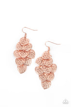 Load image into Gallery viewer, Featuring studded filigree filled centers, shiny copper heart frames cascade from the ear as they link into a flawless overlapping lure. Earring attaches to a standard fishhook fitting.  Sold as one pair of earrings.
