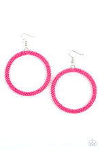 Load image into Gallery viewer, A dainty strand of vivacious pink seed beads wrap around a silver hoop, creating a bubbly hoop. Earring attaches to a standard fishhook fitting.  Sold as one pair of earrings.
