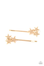 Load image into Gallery viewer, A trio of glistening gold stars cluster at the corner of a classic gold bobby pin for a stellar look.  Sold as one pair of decorative bobby pins.
