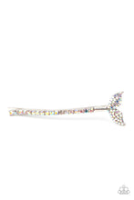 Load image into Gallery viewer, An iridescent rhinestone studded mermaid fin adorns the corner of a bobby pin that is adorned in matching iridescent rhinestones for a fairytale finish.  Sold as one individual decorative bobby pin.
