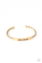 Load image into Gallery viewer, Twisted gold bars attach to a shiny gold plate stamped in the word, &quot;BELIEVE,&quot; creating an inspiring cuff around the wrist.  Sold as one individual necklace.
