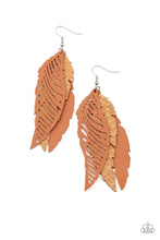 Load image into Gallery viewer, A mismatched collection of cork and brown leather feather frames flutter from the ear, layering into a free-spirited lure. Earring attaches to a standard fishhook fitting.  Sold as one pair of earrings.
