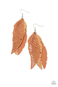 A mismatched collection of cork and brown leather feather frames flutter from the ear, layering into a free-spirited lure. Earring attaches to a standard fishhook fitting.  Sold as one pair of earrings.