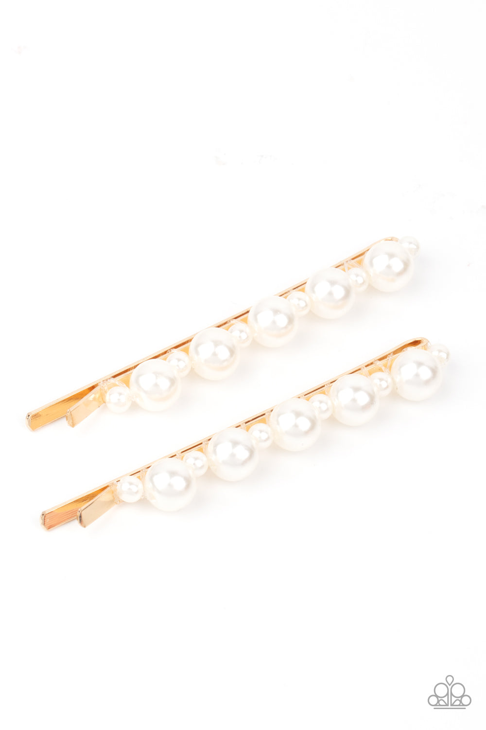 Dainty and classic pearls alternate along a pair of gold bobby pins, creating a bubbly display.  Sold as one pair of decorative bobby pins.