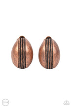 Load image into Gallery viewer, The center of a round copper frame is embossed in textured columns, accentuating the frame&#39;s dainty curve. Earring attaches to a standard clip-on fitting.  Sold as one pair of clip-on earrings.
