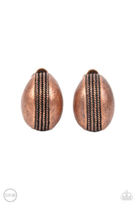 The center of a round copper frame is embossed in textured columns, accentuating the frame's dainty curve. Earring attaches to a standard clip-on fitting.  Sold as one pair of clip-on earrings.