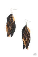 Load image into Gallery viewer, A mismatched collection of cork and black leather feather frames flutter from the ear, layering into a free-spirited lure. Earring attaches to a standard fishhook fitting.  Sold as one pair of earrings.
