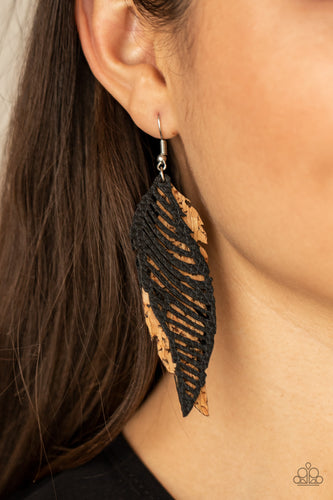 A mismatched collection of cork and black leather feather frames flutter from the ear, layering into a free-spirited lure. Earring attaches to a standard fishhook fitting.  Sold as one pair of earrings.