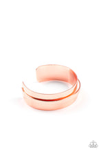 Load image into Gallery viewer, A flat shiny copper bar curves around the center of a thick shiny copper cuff, creating a chic stacked look.  Sold as one individual bracelet.
