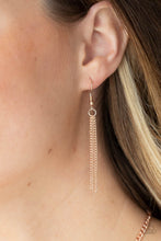 Load image into Gallery viewer, Rose gold chains hanging from a rose gold fish hook earring.
