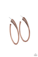 Load image into Gallery viewer, A spiral of texture resembling a coil anchors an exaggerated oblong copper hoop that wraps around the ear. The high-sheen finish on the curved bar adds a hint of drama, as it refracts the light in a knockout finish. Earring attaches to a standard post fitting. Hoop measures approximately 1 1/2&quot; in diameter.  Sold as one pair of hoop earrings.
