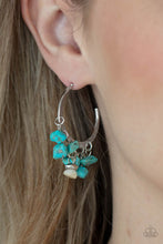 Load image into Gallery viewer, Clusters of turquoise pebbles swing from the bottom of a dainty silver hoop, creating an earthy fringe. A faceted silver and white stone bead swings from the center, adding an ethereal edge. Earring attaches to a standard post fitting. Hoop measures approximately 1 1/4&quot; in diameter.  Sold as one pair of hoop earrings.
