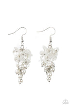 Load image into Gallery viewer, A cluster of pearly white floral frames and dainty white pearls trickle from a silver chain, creating a romantic chandelier. Earring attaches to a standard fishhook fitting.  Sold as one pair of earrings.
