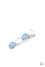 Load image into Gallery viewer, Featuring light-scattering refractions, asymmetrical French Blue and Cerulean glassy pebble-like beads adorn the front of a classic bobby pin.  Sold as one individual decorative bobby pin.
