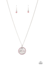 Load image into Gallery viewer, Infused with a silver ring of glassy pink rhinestones, a glistening silver disc is dotted with dainty pink rhinestone and stamped in the word, &quot;Glamma,&quot; as it swings below the collar for a glamorously sentimental look. Features an adjustable clasp closure.  Sold as one individual necklace. Includes one pair of matching earrings.
