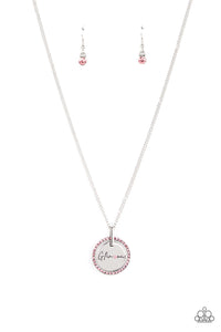Infused with a silver ring of glassy pink rhinestones, a glistening silver disc is dotted with dainty pink rhinestone and stamped in the word, "Glamma," as it swings below the collar for a glamorously sentimental look. Features an adjustable clasp closure.  Sold as one individual necklace. Includes one pair of matching earrings.