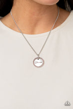 Load image into Gallery viewer, Infused with a silver ring of glassy pink rhinestones, a glistening silver disc is dotted with dainty pink rhinestone and stamped in the word, &quot;Glamma,&quot; as it swings below the collar for a glamorously sentimental look. Features an adjustable clasp closure.  Sold as one individual necklace. Includes one pair of matching earrings.
