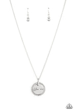 Load image into Gallery viewer, Infused with a silver ring of glassy white rhinestones, a glistening silver disc is dotted with a dainty white rhinestone and stamped in the word, &quot;Glamma,&quot; as it swings below the collar for a glamorously sentimental look. Features an adjustable clasp closure.  Sold as one individual necklace. Includes one pair of matching earrings.
