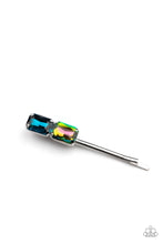 Load image into Gallery viewer, Featuring elegant emerald style cuts, an oversized pair of blue and oil spill rhinestones adorn the end of a classic silver bobby pin.  Sold as one individual bobby pin.
