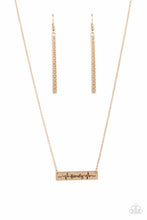 Load image into Gallery viewer, The word &quot;Family,&quot; is inscribed between symbolic life lines on a shining rectangular gold plate creating an affectionate keepsake on a dainty gold chain below the collar. Features an adjustable clasp closure.  Sold as one individual necklace. Includes one pair of matching earrings.
