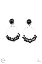 Load image into Gallery viewer, Shiny black beads are threaded along a dainty wire hoop that attaches to an oversized black beaded fitting, creating a bubbly fringe. Earring attaches to a standard clip-on fitting.  Sold as one pair of clip-on earrings.
