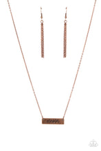 Load image into Gallery viewer, Stamped in the word, &quot;Mama,&quot; a rectangular copper plate is suspended below the collar by a dainty copper chain, creating a whimsy inspirational pendant. Features an adjustable clasp closure.  Sold as one individual necklace. Includes one pair of matching earrings.
