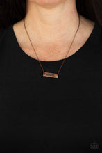 Load image into Gallery viewer, Stamped in the word, &quot;Mama,&quot; a rectangular copper plate is suspended below the collar by a dainty copper chain, creating a whimsy inspirational pendant. Features an adjustable clasp closure.  Sold as one individual necklace. Includes one pair of matching earrings.
