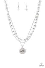 Load image into Gallery viewer, Infused with a strand of metallic flecked hematite crystal-like beads, two dainty rows of mismatched silver chains delicately layer below the collar. Stamped in the word, &quot;Grandma,&quot; a shiny silver disc swings from the lowest chain, creating a loving pendant. Features an adjustable clasp closure.  Sold as one individual necklace. Includes one pair of matching earrings.
