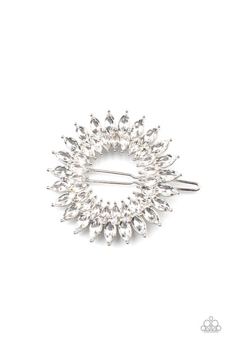 An explosion of white marquise cut rhinestones delicately coalesce into two sparkly rings, creating a glittery centerpiece. Features a clamp barrette closure.  Sold as one individual barrette.