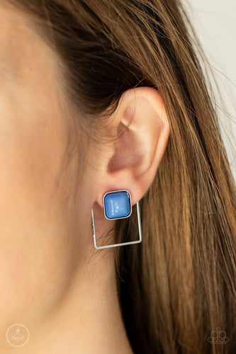 A bubbly French Blue square bead attaches to a double-sided post, while an airy silver square frame peeks out beneath the ear for a bold look. Earring attaches to a standard post fitting.  Sold as one pair of post earrings.