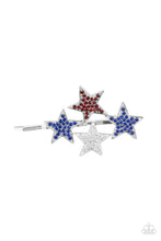 Load image into Gallery viewer, Dotted in red, white, and blue rhinestones, an explosion of stars adorns the front of a silver bobby pin for a stellar patriotic shimmer.  Sold as one individual bobby pin.
