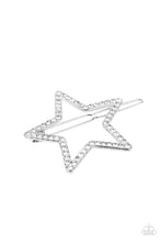 Load image into Gallery viewer, The front of an oversized silver star is encrusted in glittery white rhinestones, creating an inspiring patriotic shimmer. Features a clamp barrette closure.  Sold as one individual barrette.
