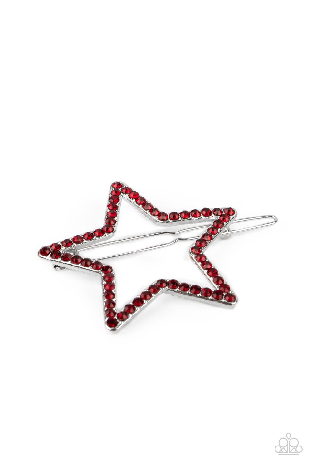 The front of an oversized silver star is encrusted in fiery red rhinestones, creating an inspiring patriotic shimmer. Features a clamp barrette closure.  Sold as one individual barrette.