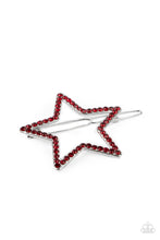 Load image into Gallery viewer, The front of an oversized silver star is encrusted in fiery red rhinestones, creating an inspiring patriotic shimmer. Features a clamp barrette closure.  Sold as one individual barrette.

