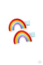 Load image into Gallery viewer, Red, yellow, blue, and purple threaded rows arc into a magical pair of rainbows. Each rainbow features a standard duck bill hair clip on the back.  Sold as one pair of hair clips.
