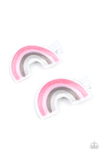 Load image into Gallery viewer, Varying shades of pink and gray threaded rows arc into a magical pair of rainbows. Each rainbow features a standard duck bill hair clip on the back.  Sold as one pair of hair clips.
