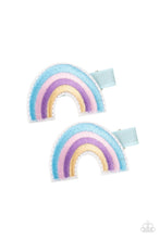 Load image into Gallery viewer, Blue, pink, purple, and golden threaded rows arc into a magical pair of rainbows. Each rainbow features a standard duck bill hair clip on the back.  Sold as one pair of hair clips.
