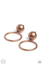 Load image into Gallery viewer, Brushed in an antiqued shimmer, a copper hoop swings from the bottom of an oversized copper stud for a classic metallic look. Earring attaches to a standard clip-on fitting.  Sold as one pair of clip-on earrings.
