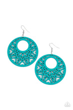 Load image into Gallery viewer, Painted in a refreshing blue, an airy circular wooden frame features a cut-out heart motif reminiscent of bohemian designs creating a free-spirited allure. Earring attaches to a standard fishhook fitting.  Sold as one pair of earrings.
