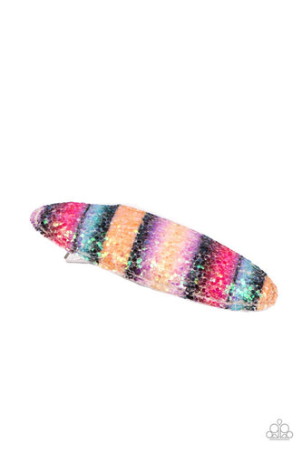 A glittering rainbow of vibrant colors creates a sparkling summertime vibe. Features a standard hair clip on the back.  Sold as one individual hair clip.