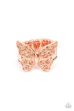 Load image into Gallery viewer, Encrusted in sparkly rhinestones, a shiny copper butterfly flutters atop the finger for an enchanting fashion. Features a stretchy band for a flexible fit.  Sold as one individual ring.
