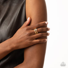 Load image into Gallery viewer, Shiny industrial gold links connect in a row across the finger resulting in a bold modern vibe. Features a stretchy band for a flexible fit.  Sold as one individual ring.
