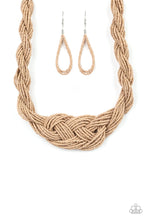 Load image into Gallery viewer, Countless strands of brown tan seed beads are twisted and knotted together to create an unforgettable statement piece. Features an adjustable clasp closure. Sold as one individual necklace. Includes one pair of matching earrings.
